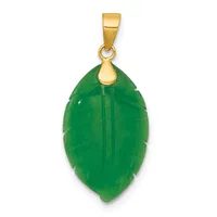A gold pendant featuring a polished green jade leaf with carved vein details, suspended from a small gold bail.