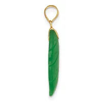 A green jade carved pea pod pendant with a gold-toned metal loop and bail attachment.