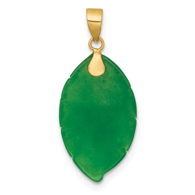 A green jade leaf-shaped pendant with a gold-tone bail and loop, displayed against a white background.