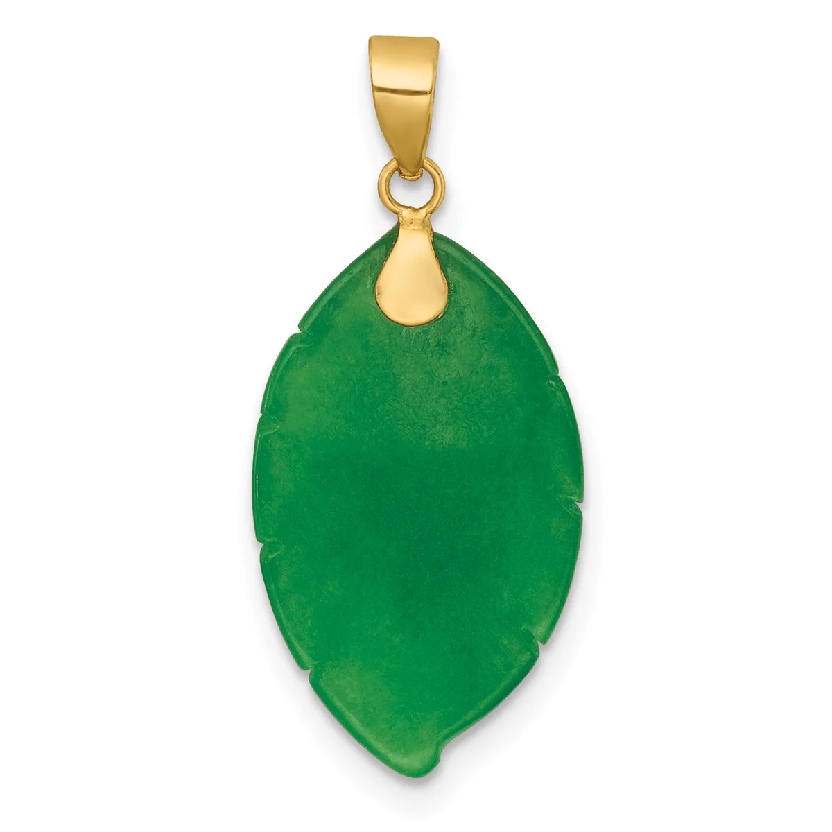 A green jade leaf-shaped pendant with a gold-tone bail and loop, displayed against a white background.