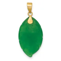 A green jade leaf-shaped pendant with a gold-tone bail and loop, displayed against a white background.