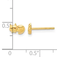 Gold cat stud earrings shown next to a ruler indicating approximately 0.5 inches in length.