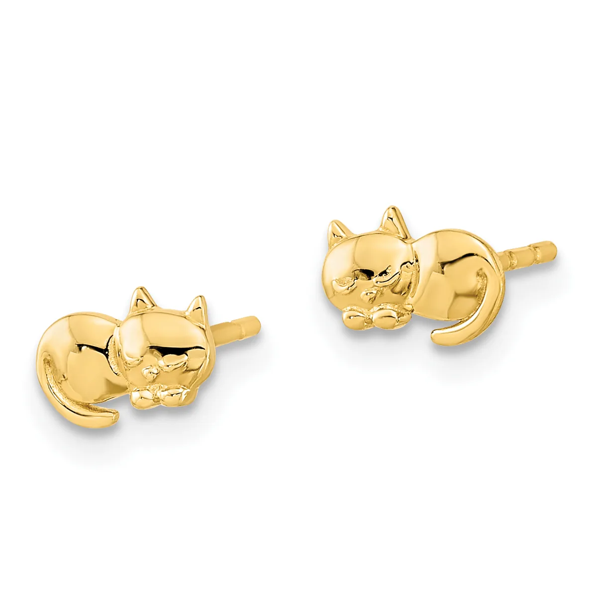 Pair of gold cat stud earrings with sitting cat designs, shown from front and side angles.
