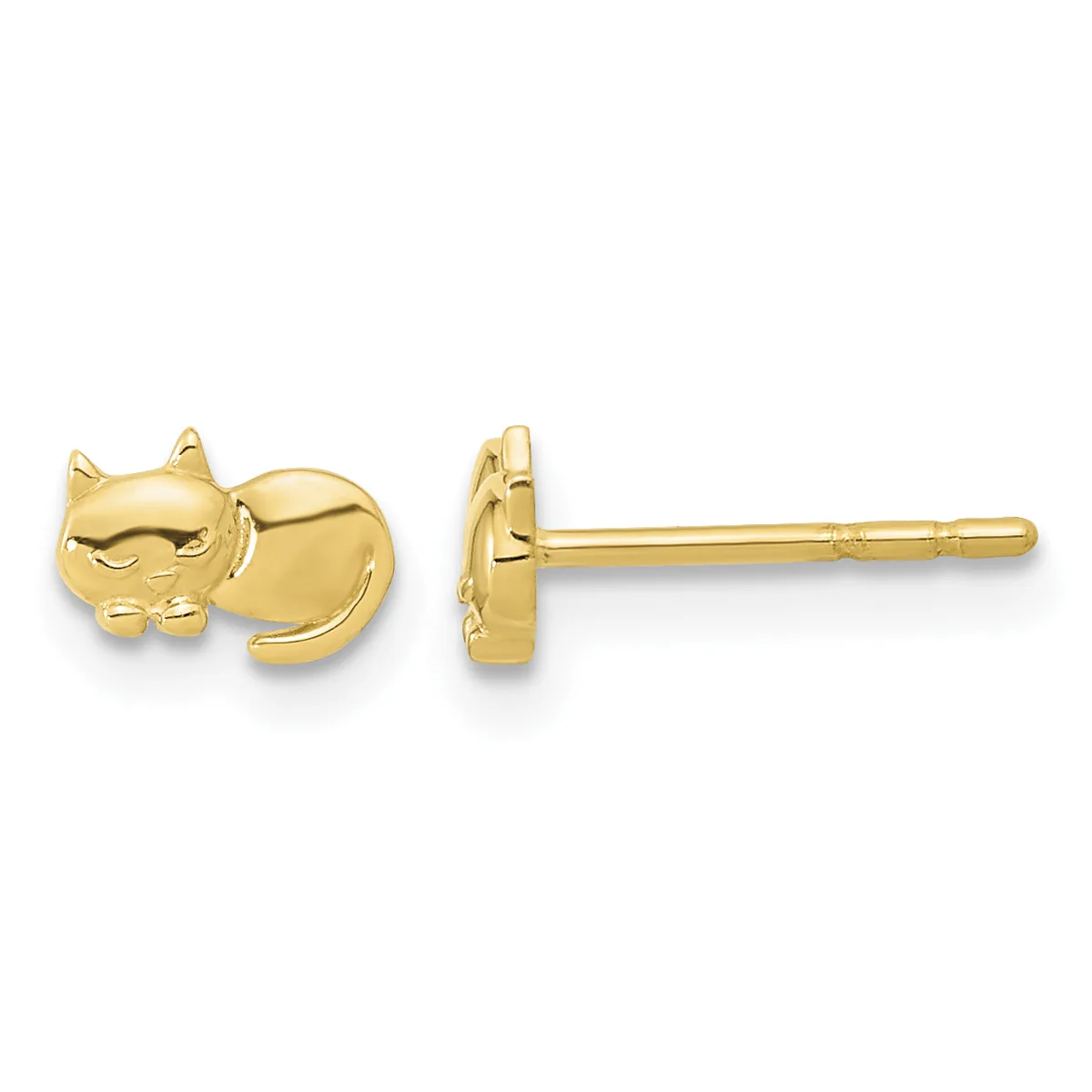 Pair of small gold cat stud earrings shown from front and side views, featuring sitting cats with curved tails on thin posts.