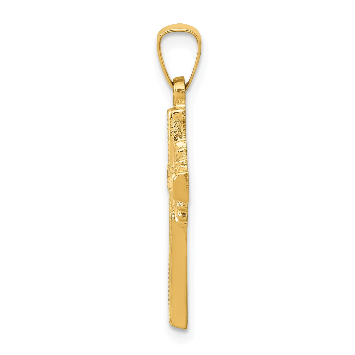 A gold pendant with a textured rectangular bar featuring a small stamped hallmark, suspended from a gold loop bail.