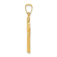 A gold pendant with a textured rectangular bar featuring a small stamped hallmark, suspended from a gold loop bail.