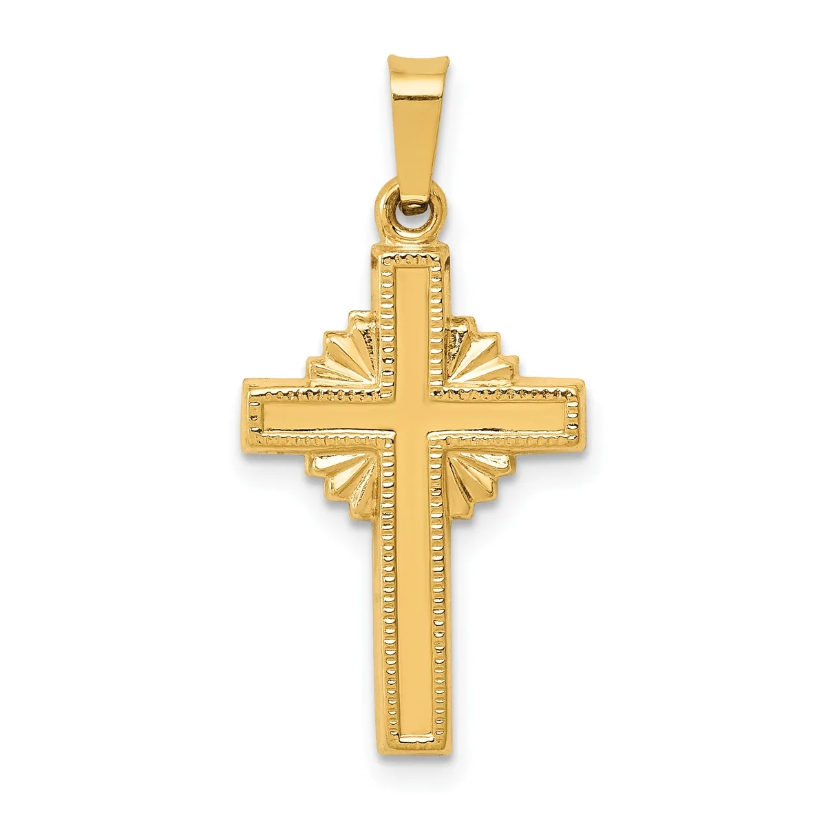 A gold cross pendant with textured borders and decorative fan-shaped elements at the cardinal points, shown suspended from a bail against a white background.