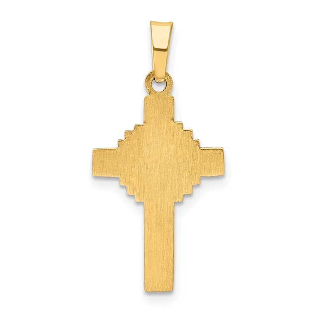 A gold cross pendant with a brushed finish and decorative squared notches at the intersection, suspended from a gold bail.