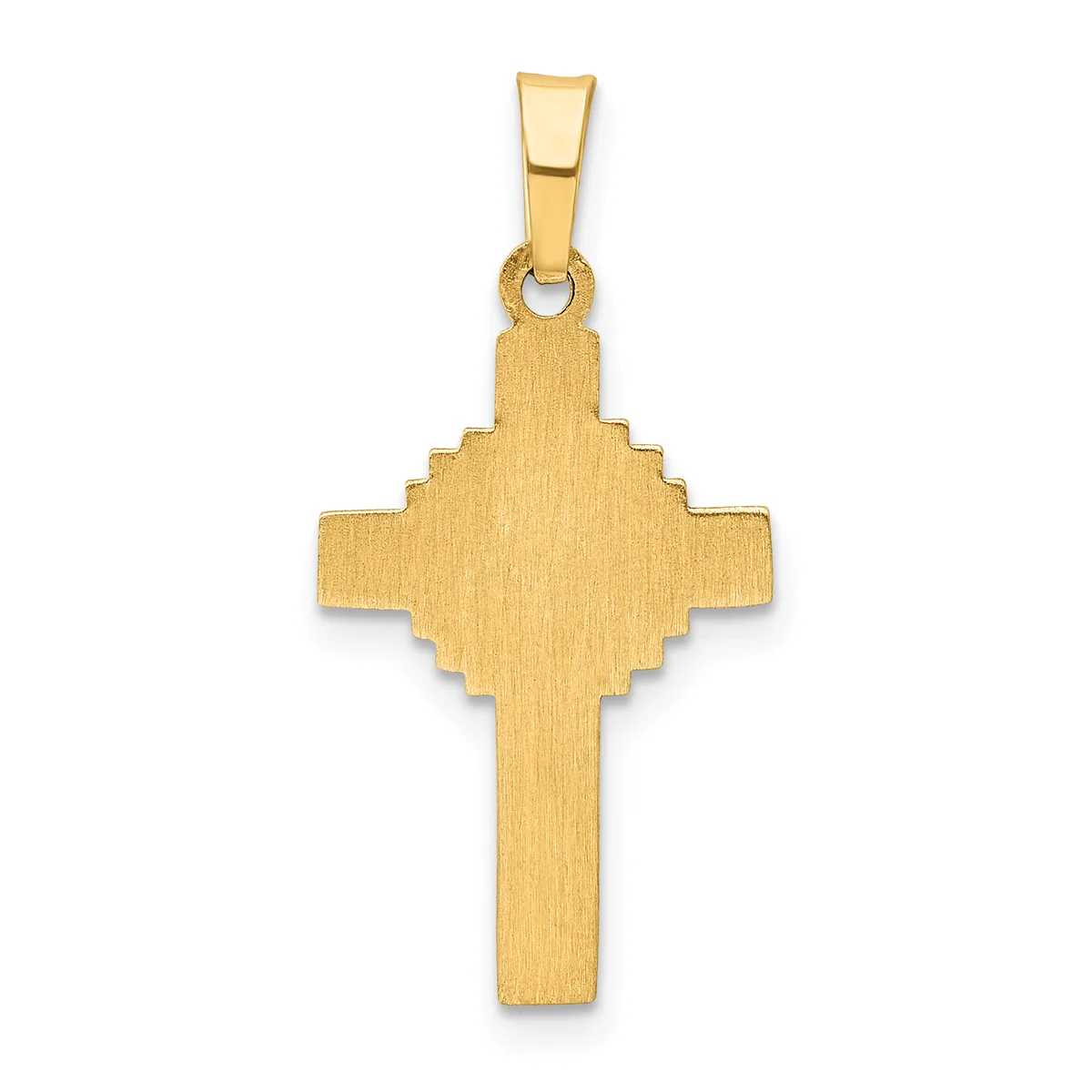 A gold cross pendant with a brushed finish and decorative squared notches at the intersection, suspended from a gold bail.