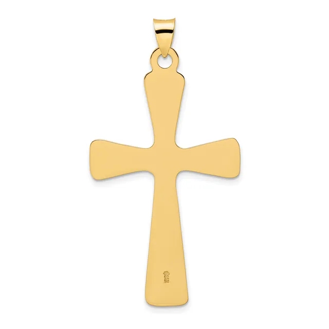 A gold cross pendant with flared ends and a small hallmark stamped on the lower arm, shown suspended from a bail against a white background.