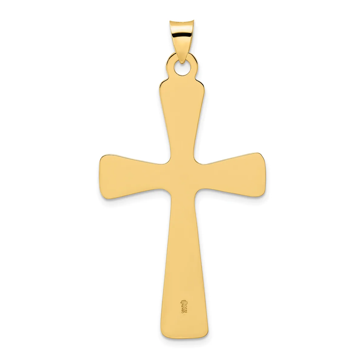 A gold cross pendant with flared ends and a small hallmark stamped on the lower arm, shown suspended from a bail against a white background.