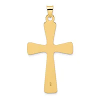 A gold cross pendant with flared ends and a small hallmark stamped on the lower arm, shown suspended from a bail against a white background.