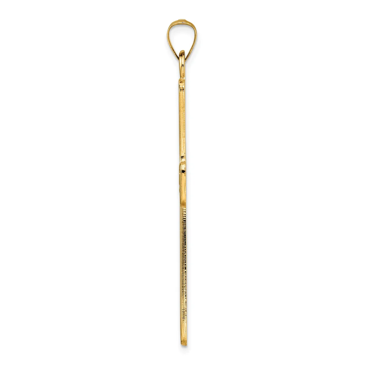 A long, slender gold pendant with a loop at the top and a pointed bottom, featuring a textured middle section.