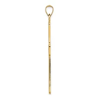 A long, slender gold pendant with a loop at the top and a pointed bottom, featuring a textured middle section.