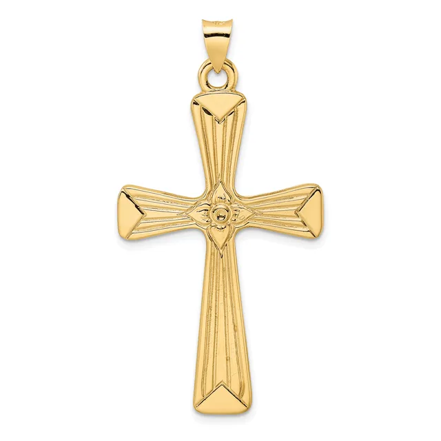 A gold cross pendant with textured vertical striations on the arms and shaft, featuring a small face medallion at the center intersection, displayed against a white background.