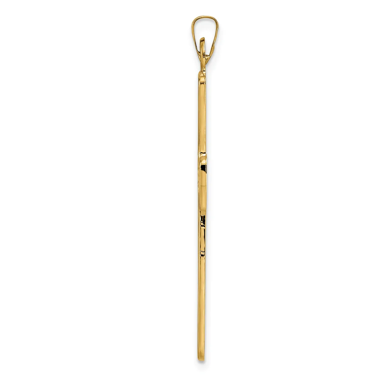 A long, slender gold-toned metal pendant with a carabiner clip at the top and segmented sections along its length.