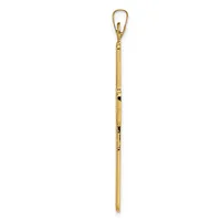 A long, slender gold-toned metal pendant with a carabiner clip at the top and segmented sections along its length.