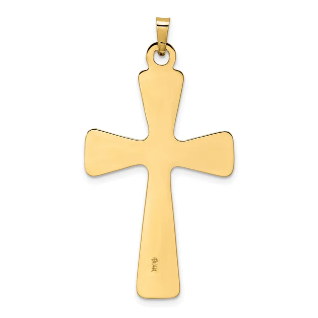 A gold cross pendant with rounded ends on each arm, suspended from a bail at the top, displayed against a white background.