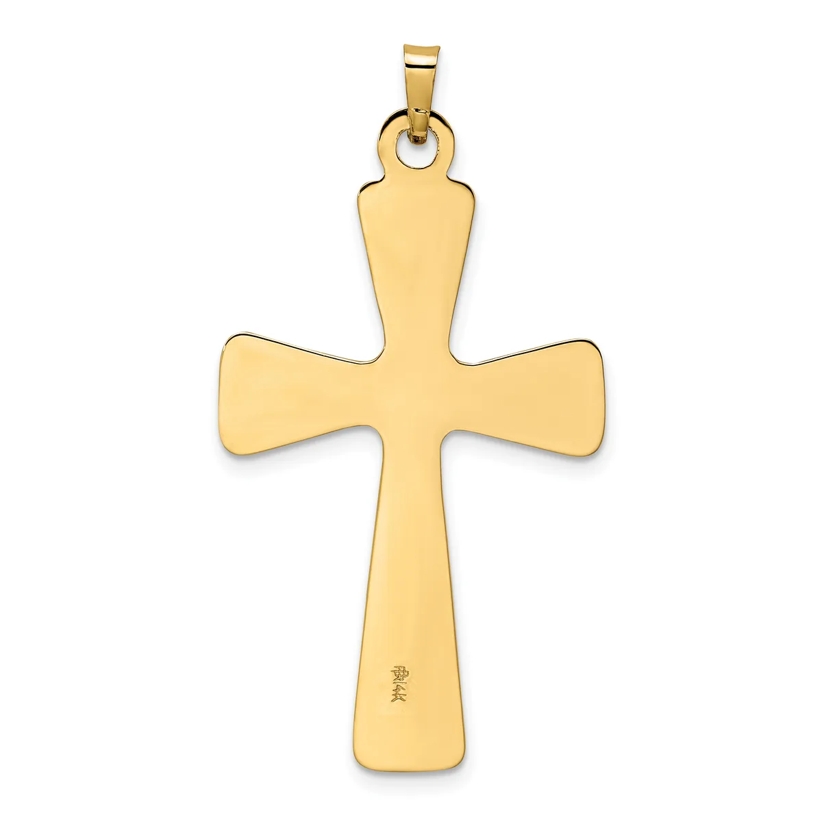A gold cross pendant with rounded ends on each arm, suspended from a bail at the top, displayed against a white background.