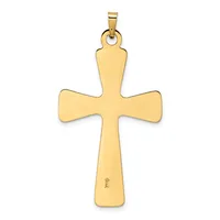 A gold cross pendant with rounded ends on each arm, suspended from a bail at the top, displayed against a white background.