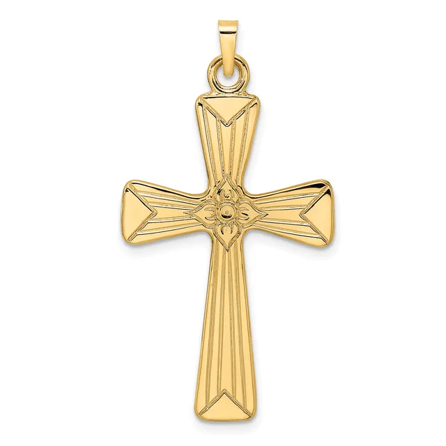 A gold cross pendant with textured vertical lines and decorative geometric details at the center, shown against a white background.