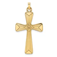 A gold cross pendant with textured vertical lines and decorative geometric details at the center, shown against a white background.