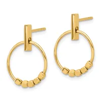 Pair of gold-toned hoop earrings with rectangular post backs and small beaded details along the bottom curves of each loop.