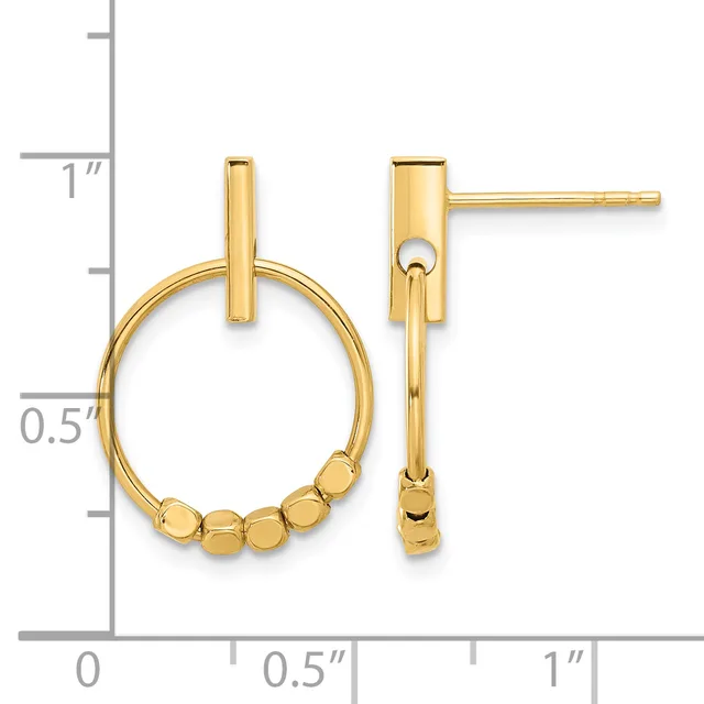 Pair of gold-toned stud earrings with rectangular posts attached to circular hoops decorated with small beads, displayed on a measurement scale.