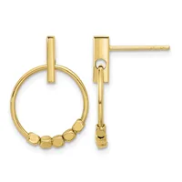 Pair of gold-tone drop earrings with a rectangular post connector and circular hoop adorned with small beaded accents, shown from front and side views.