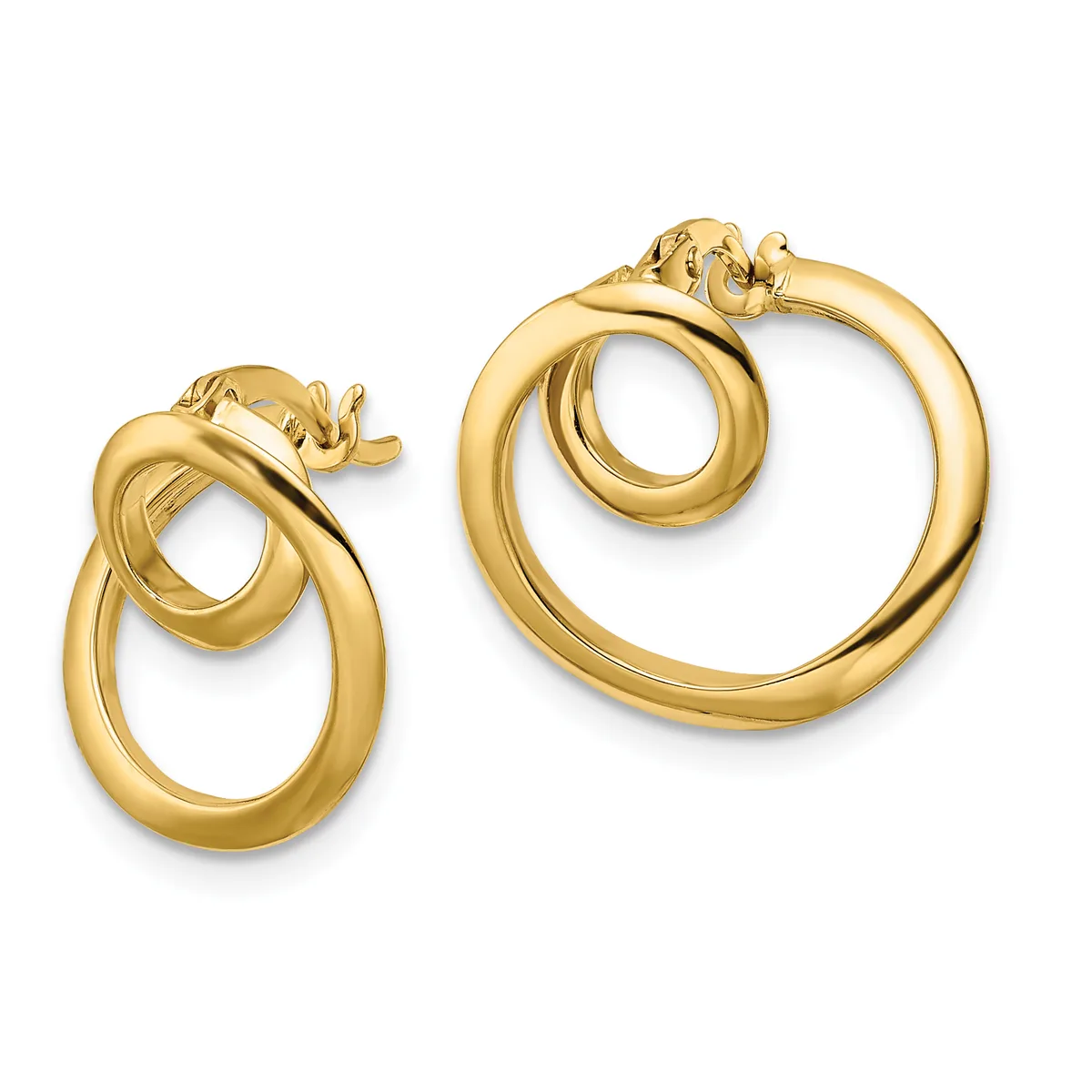 A pair of gold hoop earrings with nested double oval loops, displayed side by side showing different sizes.