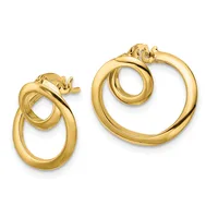 A pair of gold hoop earrings with nested double oval loops, displayed side by side showing different sizes.