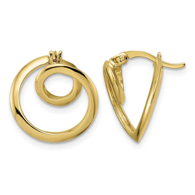 Pair of polished gold hoop earrings with a concentric circular design and hinged posts, shown front and side views.