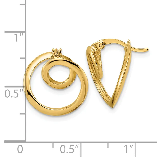A pair of polished gold earrings displayed next to a measurement ruler, with one featuring a spiral design and the other a triangular shape, both with post and clutch backs.