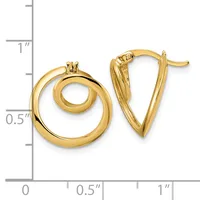A pair of polished gold earrings displayed next to a measurement ruler, with one featuring a spiral design and the other a triangular shape, both with post and clutch backs.