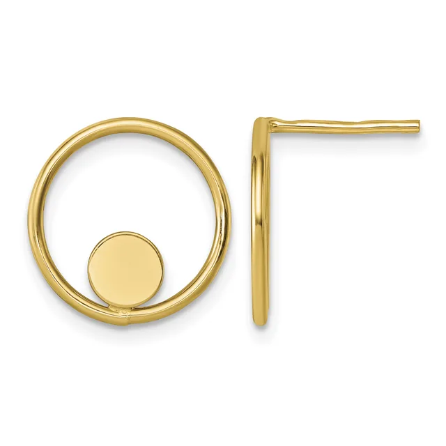 Pair of gold-colored circular earrings with a small disc detail, shown from front and side views.