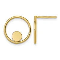 Pair of gold-colored circular earrings with a small disc detail, shown from front and side views.