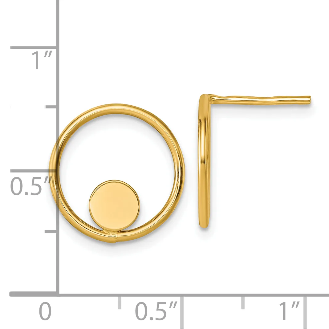 Gold-colored circular earrings with small solid disc centers, shown next to a ruler indicating approximately one inch in height.
