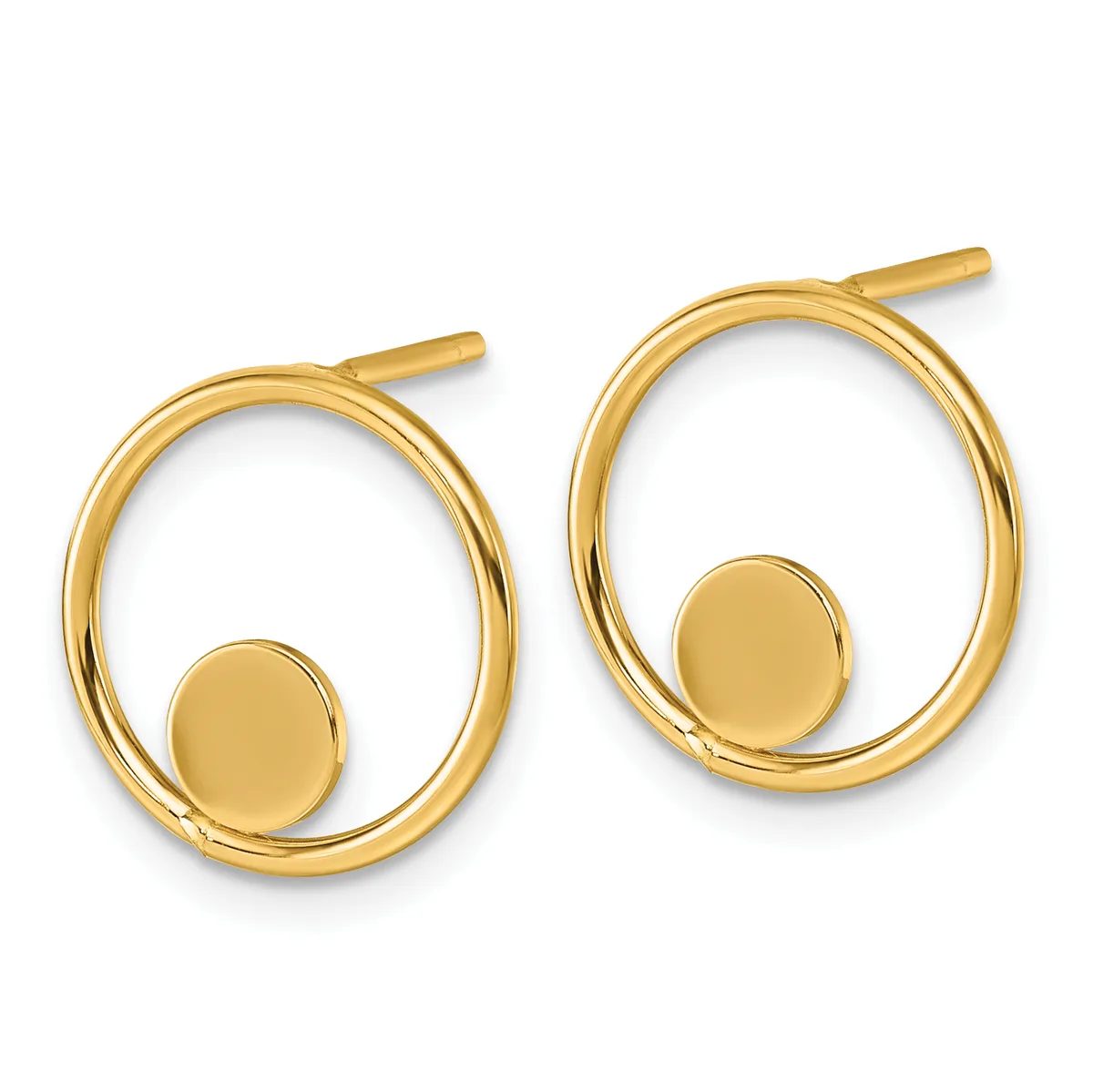 Pair of gold oval hoop earrings with small circular disc accents, displayed against a white background.