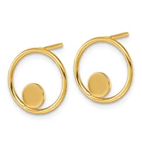 Pair of gold oval hoop earrings with small circular disc accents, displayed against a white background.