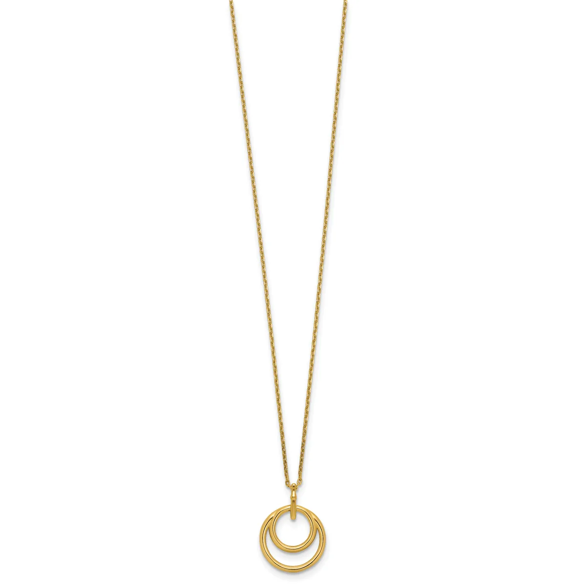 Gold-toned necklace with two nested circular rings pendant hanging from a thin chain against a white background.