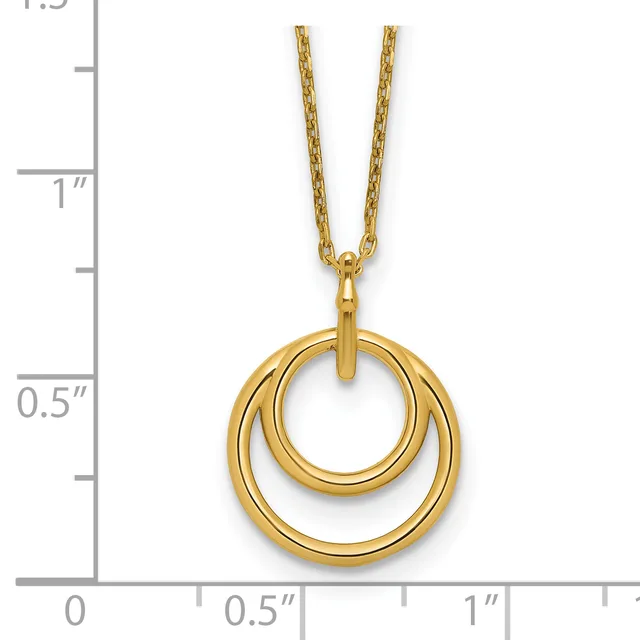 Gold double circle pendant necklace shown next to a measurement scale indicating the pendant is approximately one inch wide.