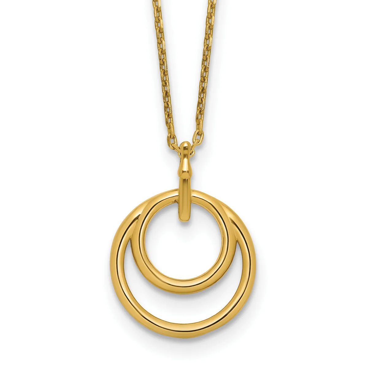 Gold-toned pendant necklace featuring two concentric circular rings suspended from a chain.