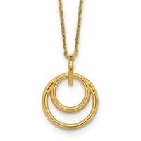Gold-toned pendant necklace featuring two concentric circular rings suspended from a chain.