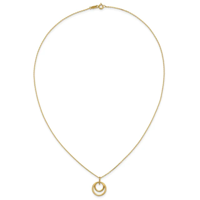 Gold chain necklace with a small clasp at the top and a pendant consisting of two concentric circles hanging at the center.