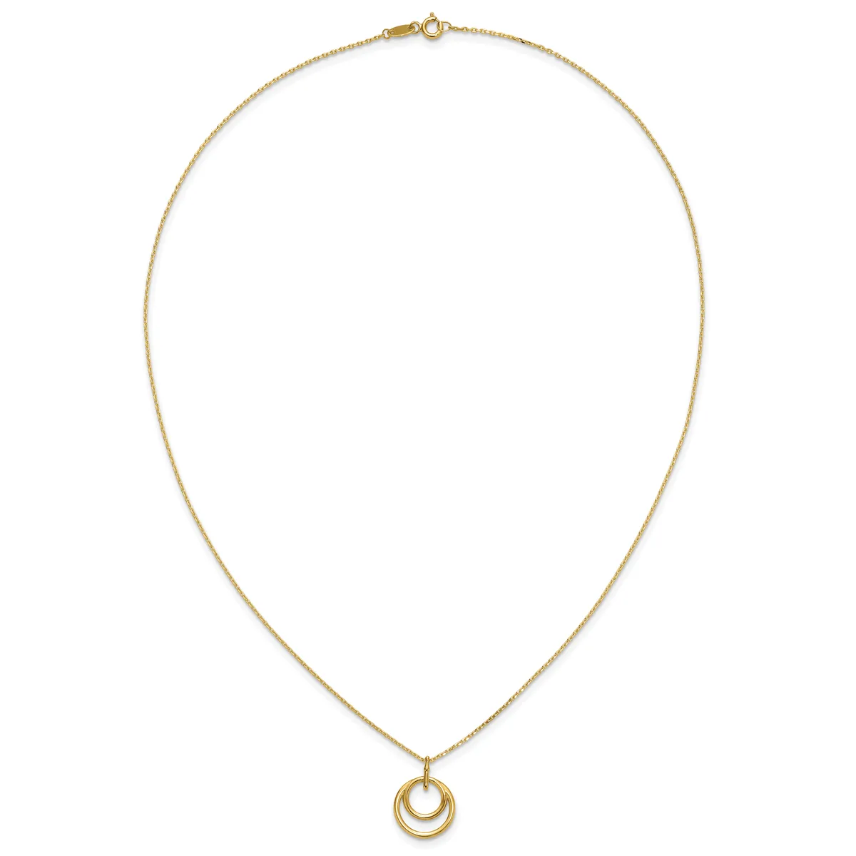 Gold chain necklace with a small clasp at the top and a pendant consisting of two concentric circles hanging at the center.