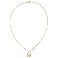 Gold chain necklace with a small clasp at the top and a pendant consisting of two concentric circles hanging at the center.
