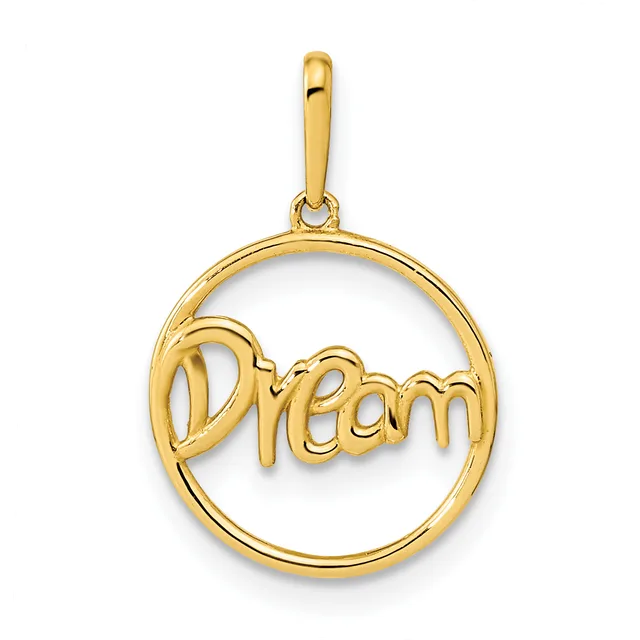 Gold circular pendant with the word "Dream" cut out in the center, suspended from a gold bail.