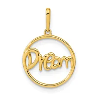 Gold circular pendant with the word "Dream" cut out in the center, suspended from a gold bail.