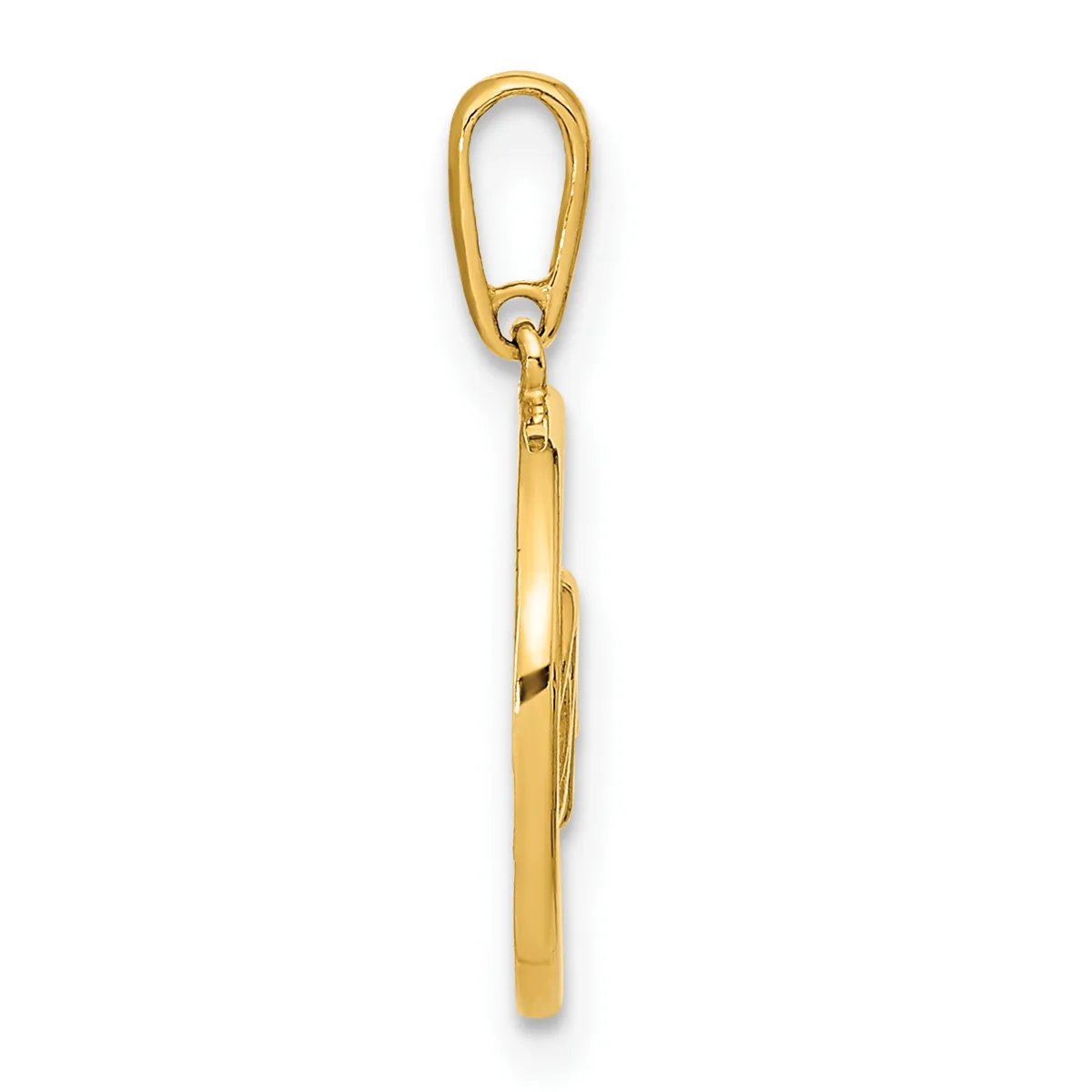 A gold elongated oval pendant with a lobster clasp attachment at the top, shown against a white background.