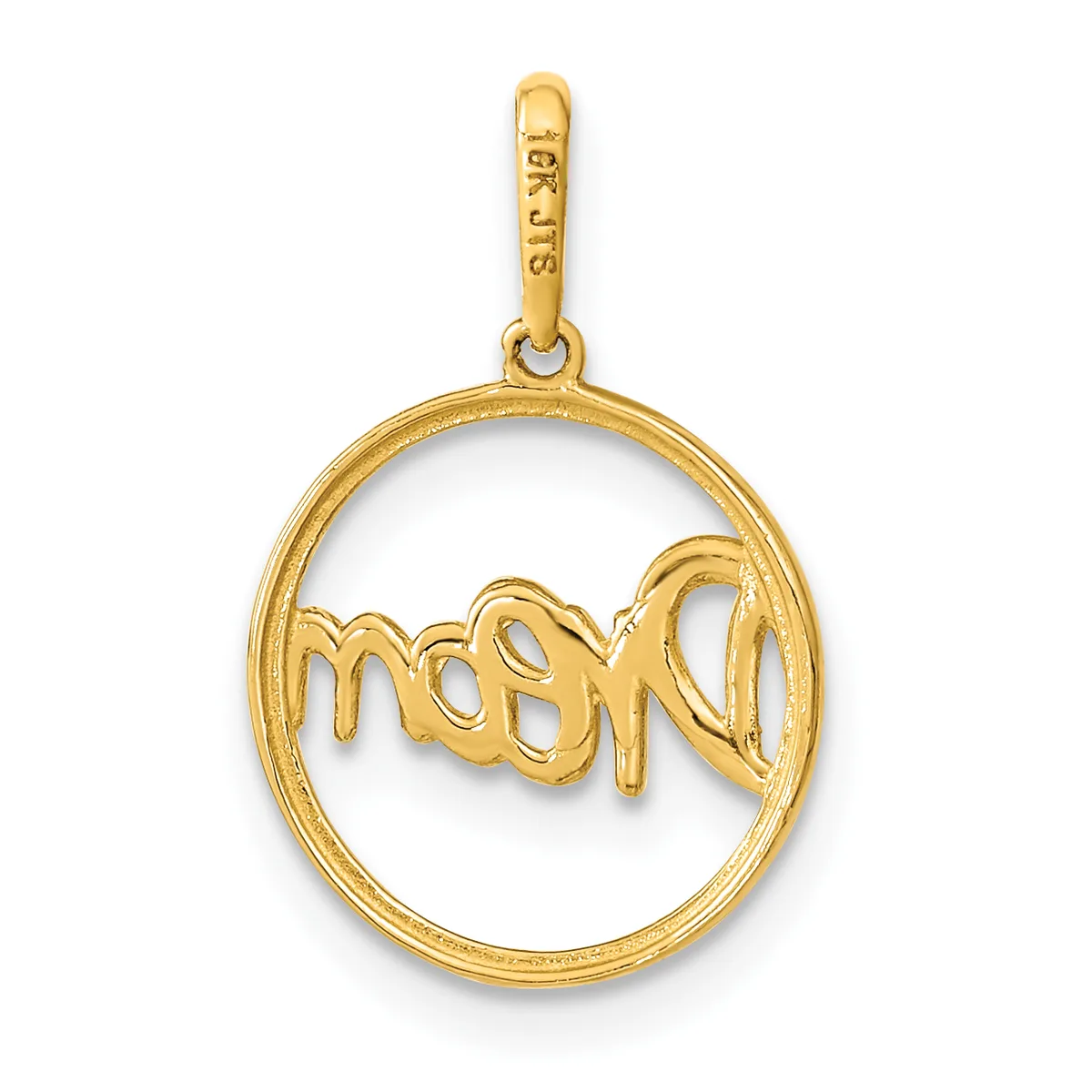 A gold circular pendant with the word "mom" written in script inside the circle, suspended from a gold bail with a small stamped hallmark.